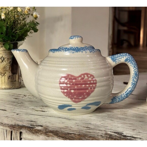 1997 Hermitage Pottery Teapot Country Americana Heart Pattern VTG Small 3.5” H - Picture 1 of 13